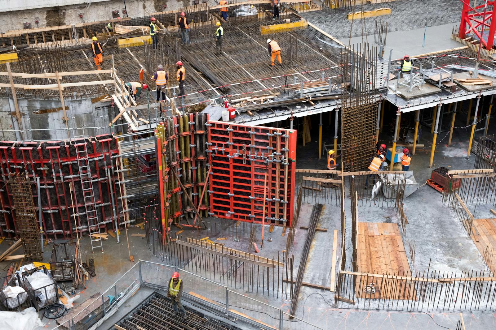 Construction crew working on a large-scale residential development site
