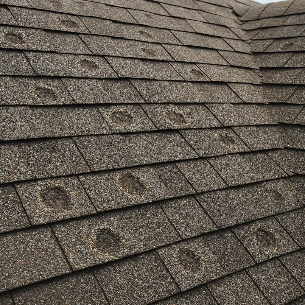Close-up of hail damage on a light-colored asphalt shingle roof